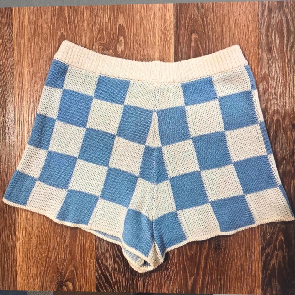 Blue and Cream Checkered Women Shorts